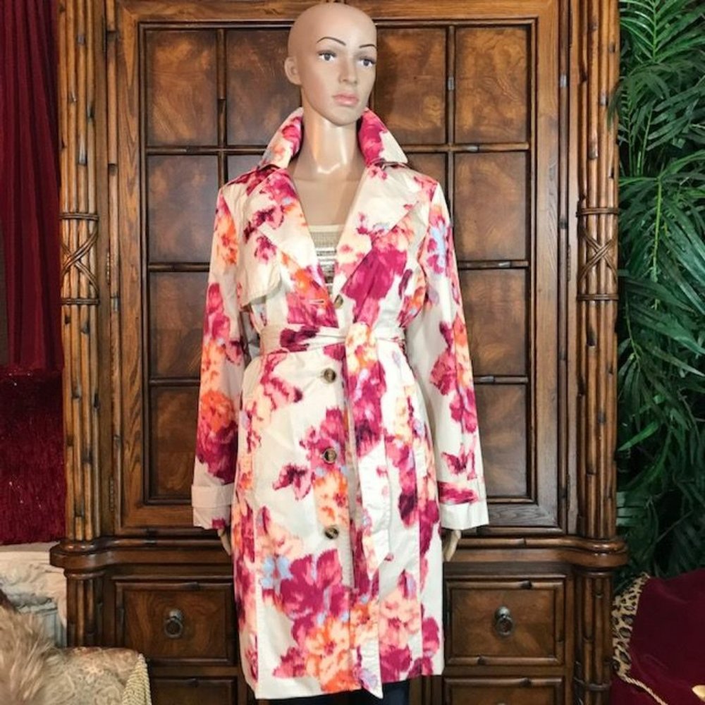 Chico's Ikat Floral Removable Hood Rain Trench